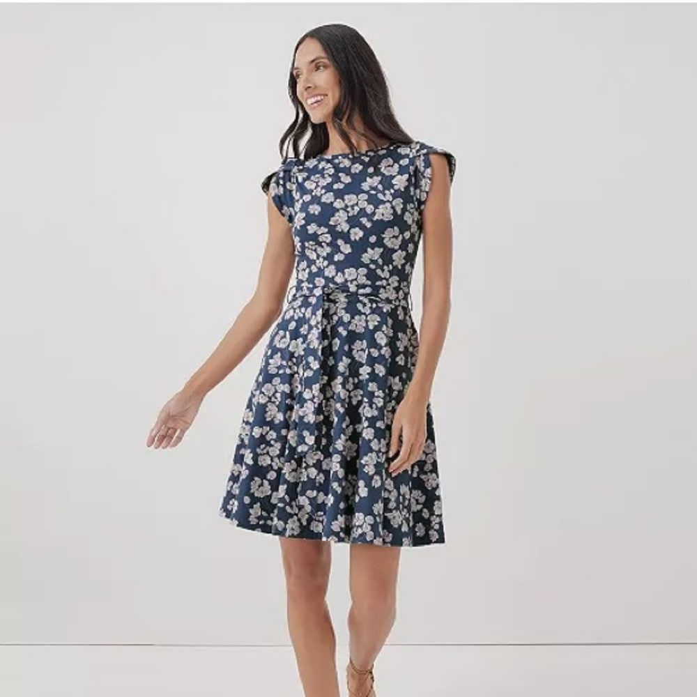 Pact Organic Cotton Fit & Flare Petal Sleeve Floral Dress M